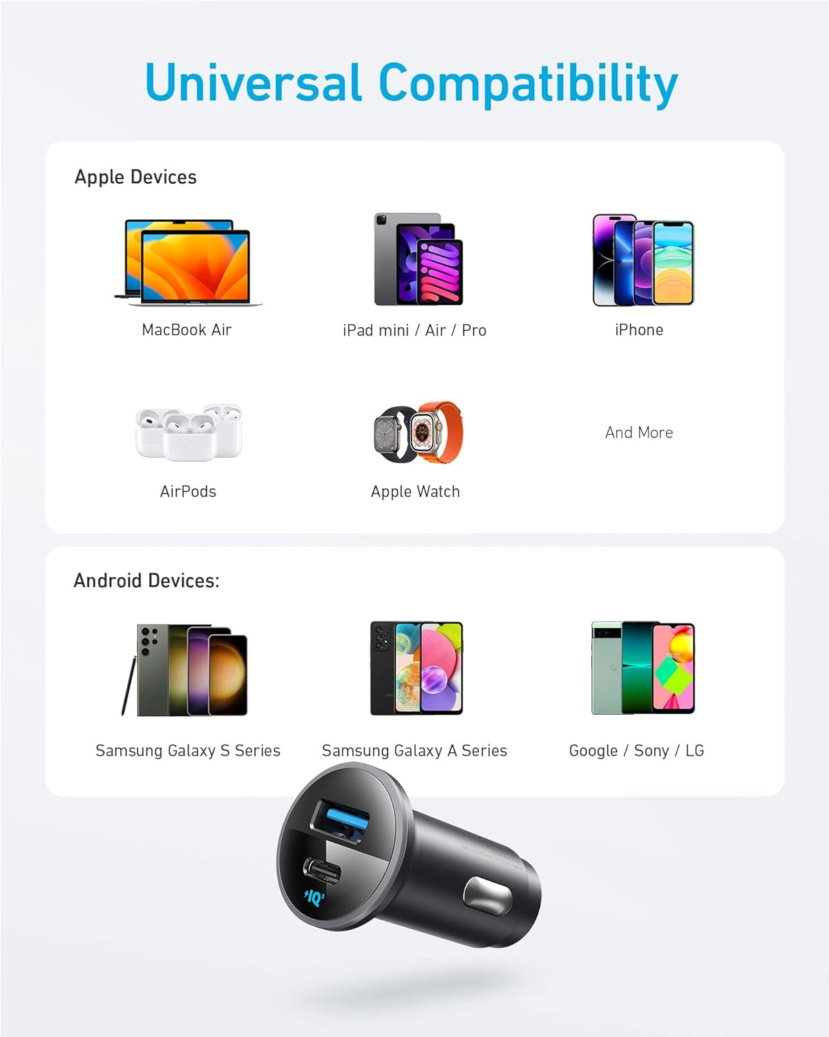 Anker 323 52.5W USB C Car Charger with 30W Poweriq 3.0 Fast Charging | Cigarette Lighter Adapter, for Iphone 17 / 16 / 15 / 14 / 13 / 12 Series, Galaxy S25 / S24, Pixel, and More