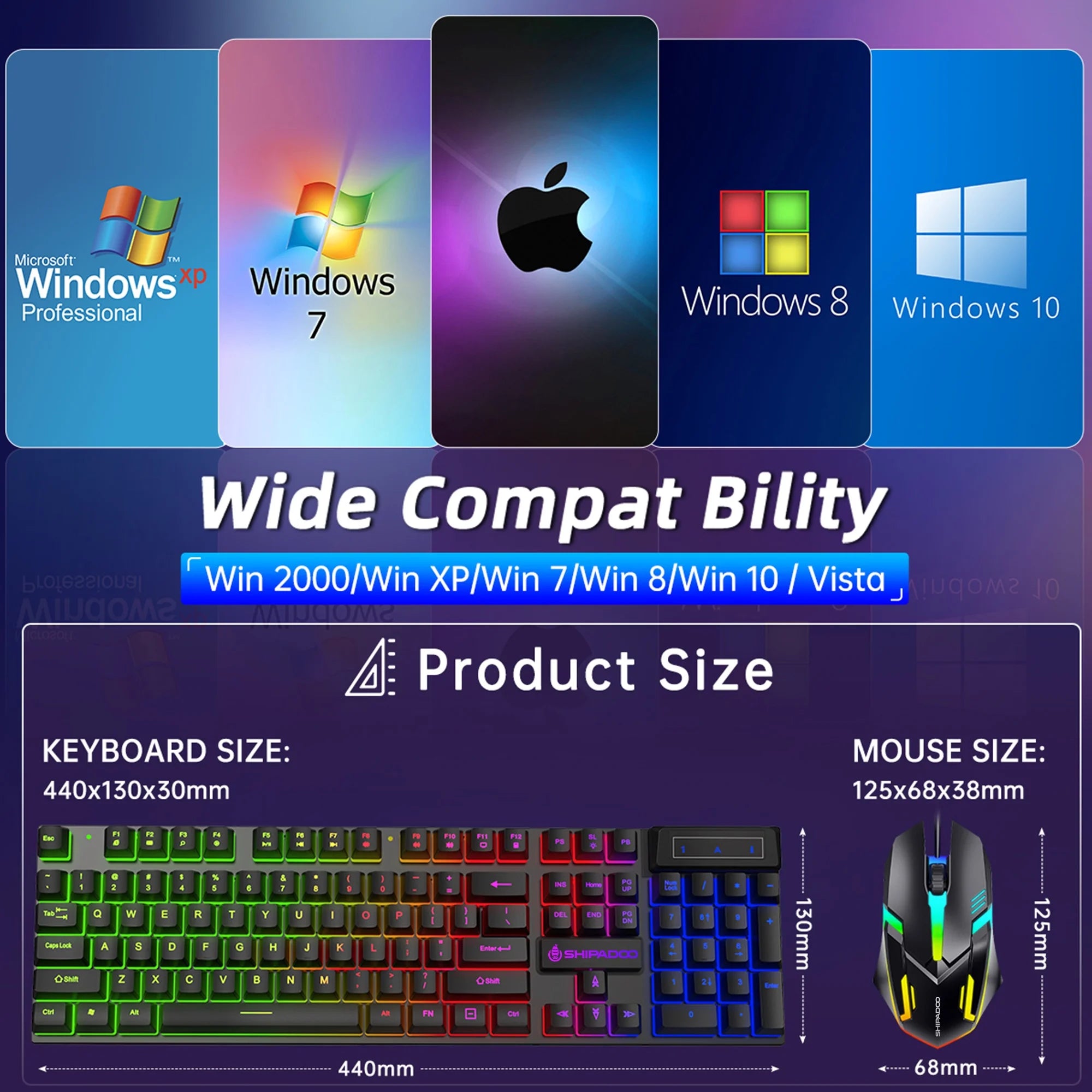 Gaming Keyboard and Mouse Combo, RGB LED Backlit Wired Computer Keyboard, Rainbow Light up USB Keyboard with 26 Anti-Ghosting Keys for PC Gamer, Laptop, Office, Black