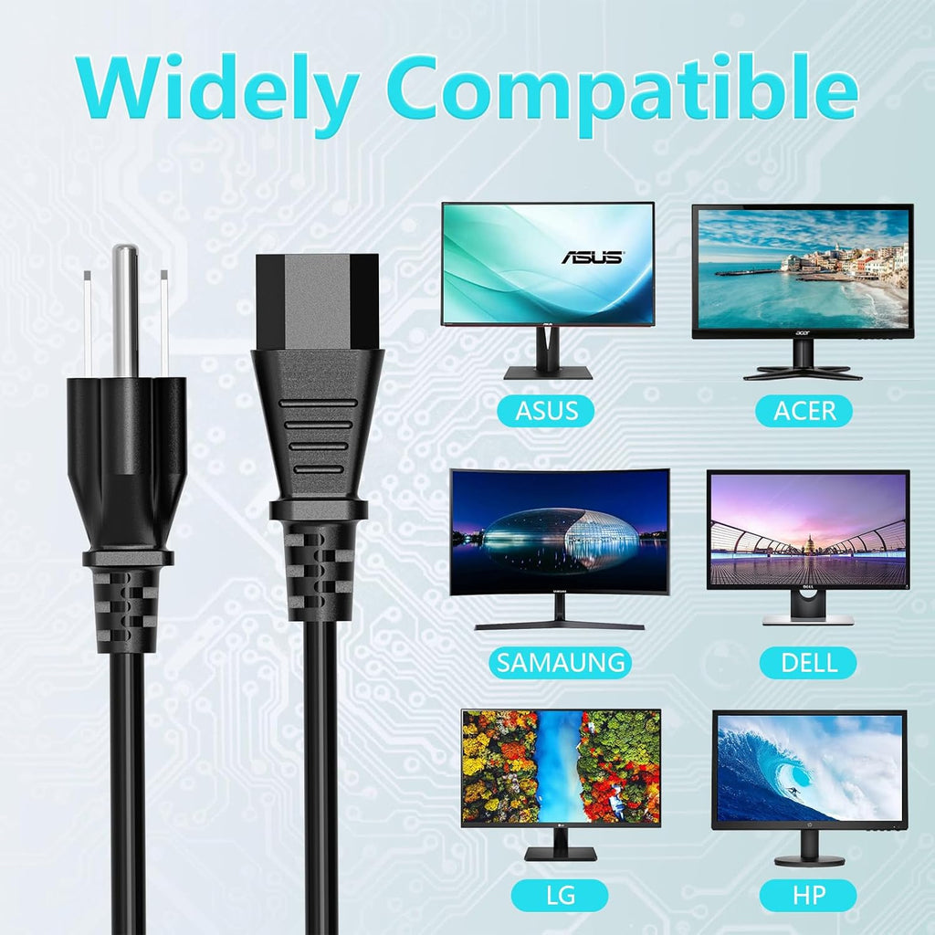 10FT 18 AWG Power Cable NEMA 5-15P to IEC320C13 Compatible with Computer | Monitor TV Replacement 3 Prong Power Cord