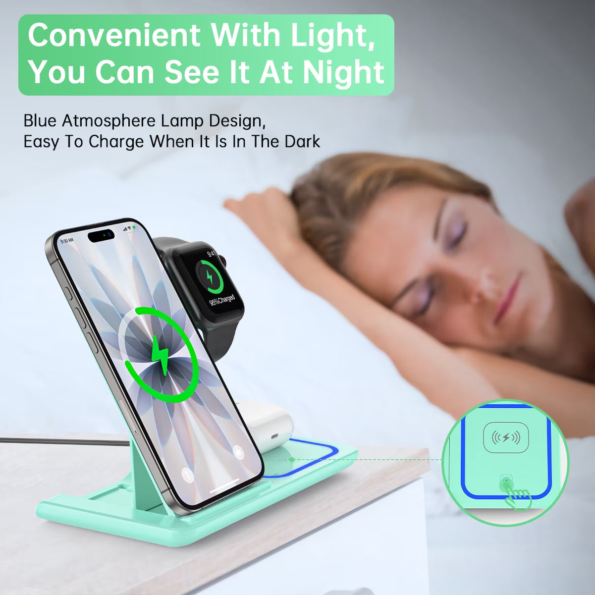 Wireless Charger, 18W 3 in 1 Wireless Charging Station for Iphone 17 16E 15 14 13 12 Pro, Fast Charger Stand for Iwatch SE 9-11 6-8 2-5, Airpods 4/3/2/Pro, Samsung Galaxy Seires (Green)