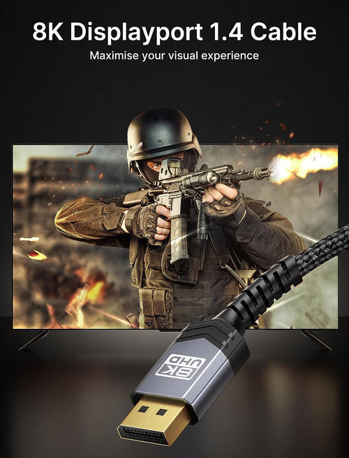 8K DP 1.4 Cable 10FT 4K144 HDR10 for Freesync Gaming PC Monitor, Grey | 10FT 32.4Gbps HBR3 DP 1.4 Supports 8K@60Hz HDR10 and 4K@144Hz; Nylon Braid for Freesync/G-Sync Monitors, Gpus, Pcs and Tvs