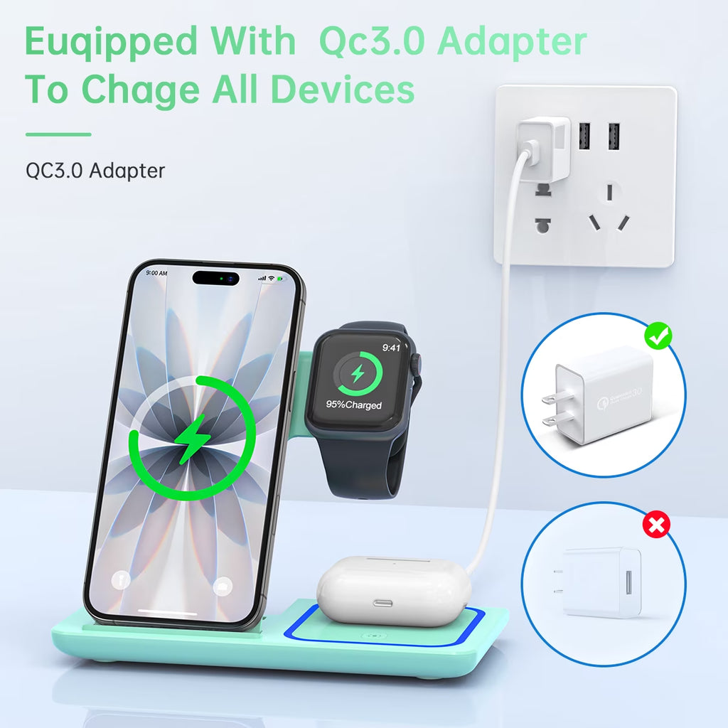 Wireless Charger, 18W 3 in 1 Wireless Charging Station for Iphone 17 16E 15 14 13 12 Pro, Fast Charger Stand for Iwatch SE 9-11 6-8 2-5, Airpods 4/3/2/Pro, Samsung Galaxy Seires (Green)
