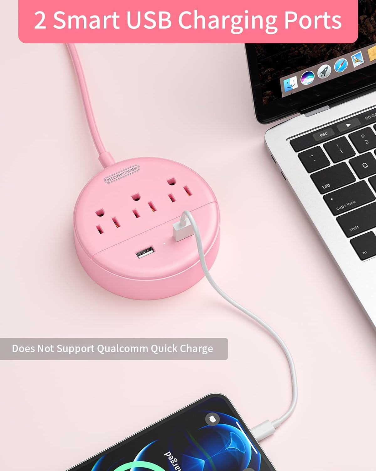 10 Ft Long Extension Cord Power Strip with USB,  Pink Charging Station with 3 Outlet and 2 USB, Travel Power Strip Flat Plug, Wall Mount for Home Office Dorm Room and Cruise Ship, ETL Listed