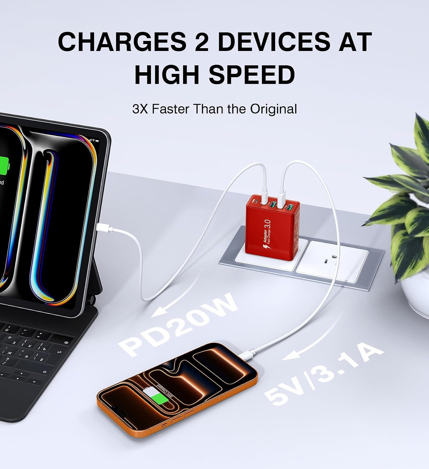 USB C Wall Charger Block, 2Pack 50W USB C Charger 5-Port PD Fast Charging Blocks,Qc 3.0 USB a Multiport Plug,Type C Power Adapter Brick Cube for Iphone 17/16/15/14/13/Pro,Samsung,For Switch/Pixel（Red）