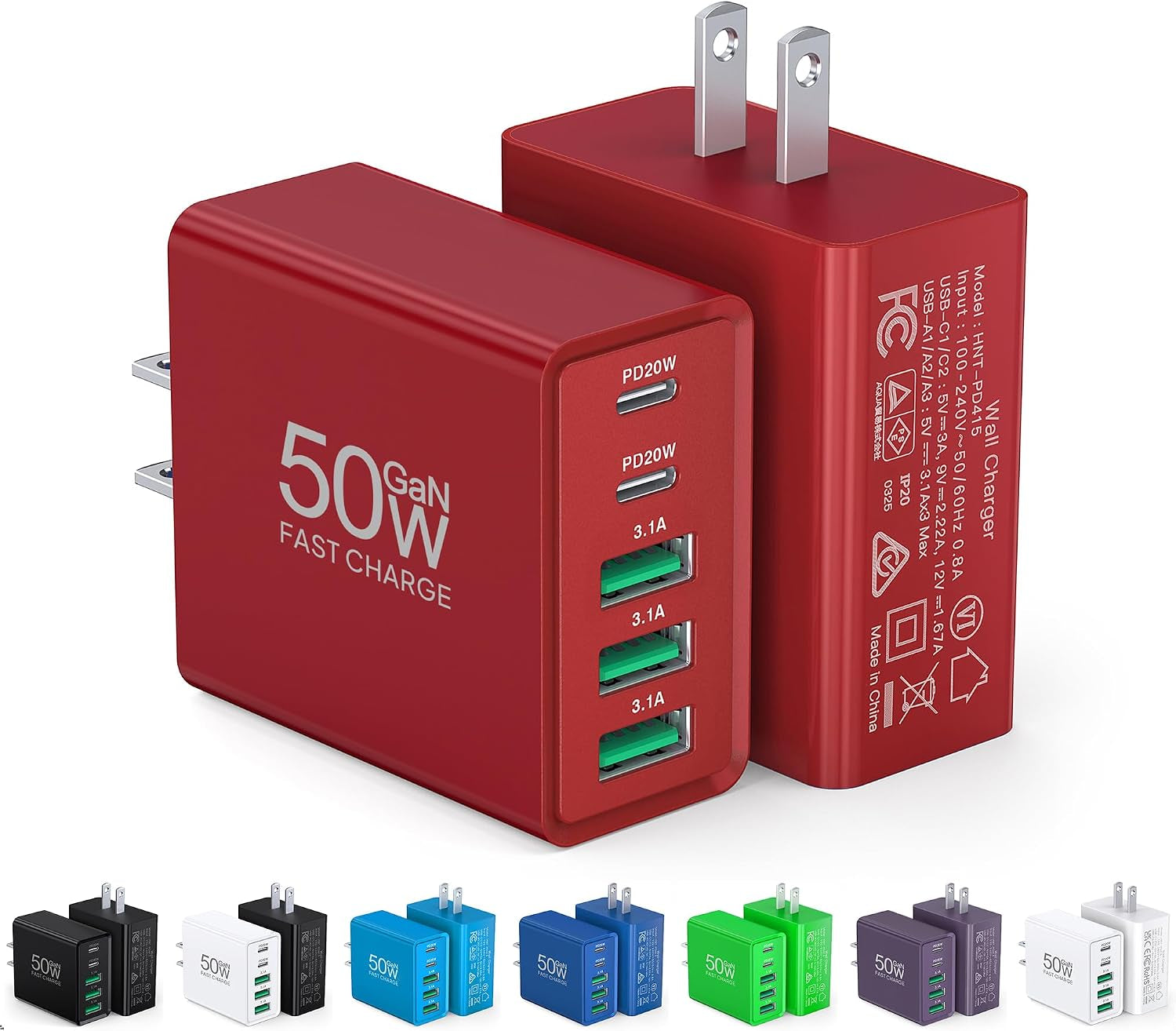 USB C Wall Charger Block, 2Pack 50W USB C Charger 5-Port PD Fast Charging Blocks,Qc 3.0 USB a Multiport Plug,Type C Power Adapter Brick Cube for Iphone 17/16/15/14/13/Pro,Samsung,For Switch/Pixel（Red）
