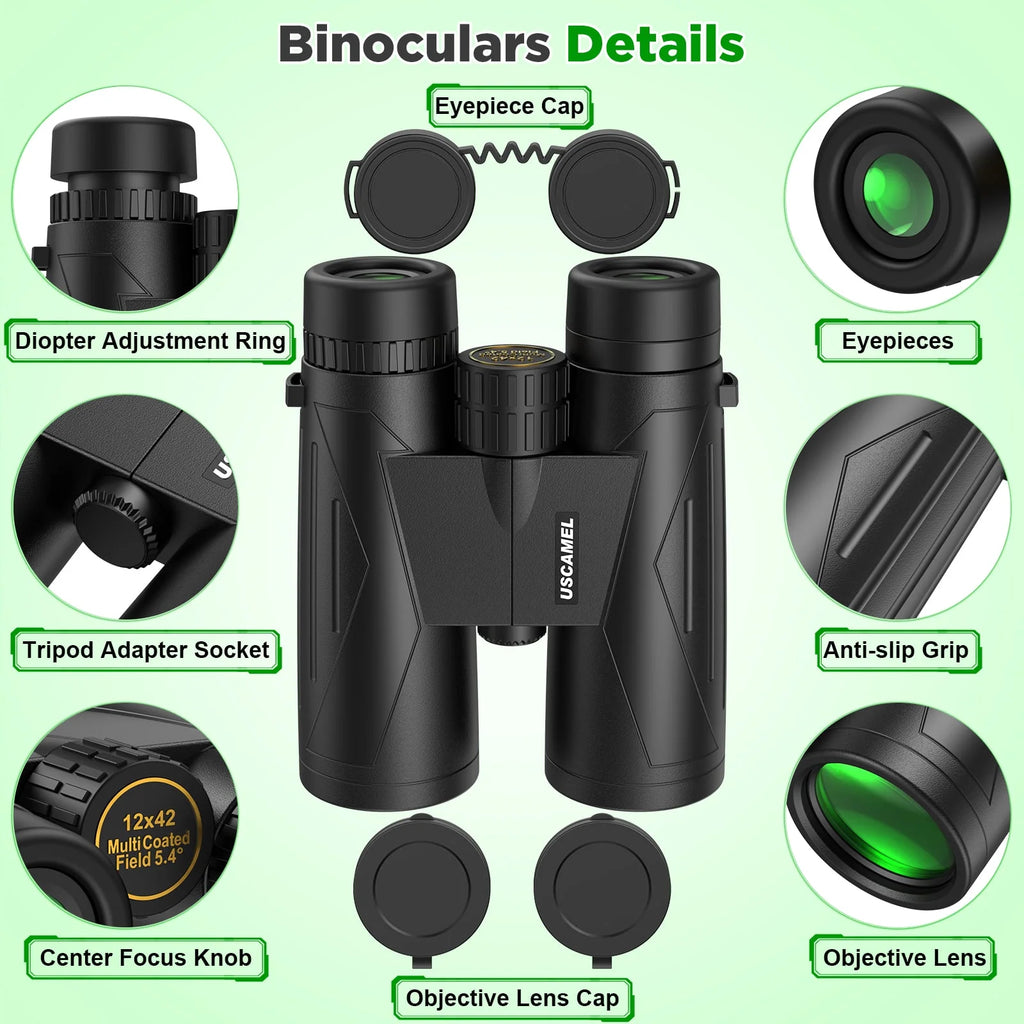 12X42 Binoculars for Adults, HD FMC BAK4 Binoculars Waterproof Binoculars Low Light Vision for Hunting Bird Watching Travel Outdoor Sports Concerts