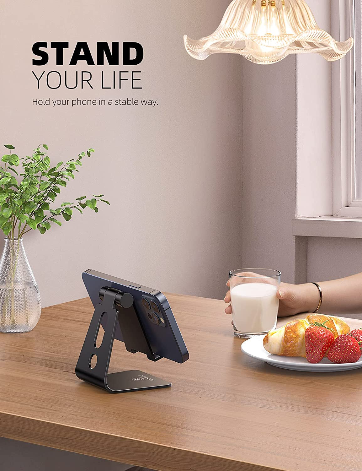 Aluminum Cell Phone Stand, Adjustable Desk Phone Holder for Iphone | Adjustable Viewing Angle, Stable Anti-Slip Base, Case Friendly for Iphone 17 16 15 14 Pro Max, Office Desk Essential, Black