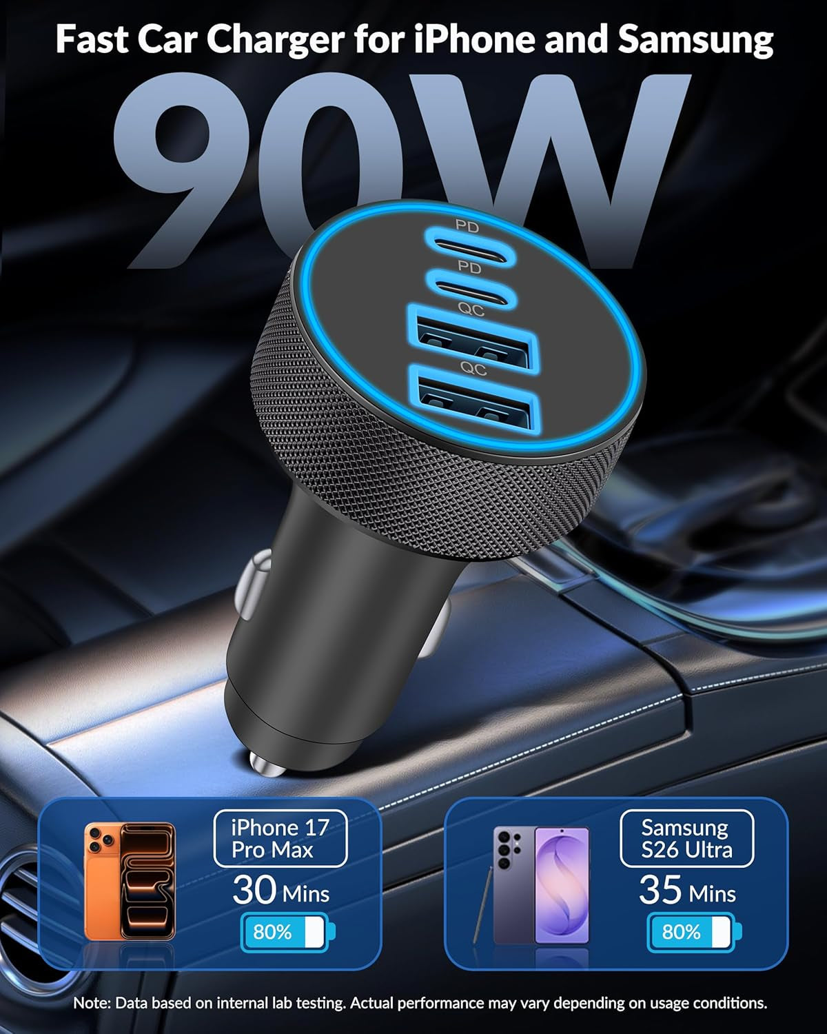 2 Pack Car Charger USB C, 4 in 1 90W Fast Charging 4-Port Car Phone Charger | Dual 45W USB C & USB A, Cargador Carro Lighter Adapter, for Iphone 17 16 15 14 13 12 Pro Max, Ipad, Galaxy, Tablet, Android