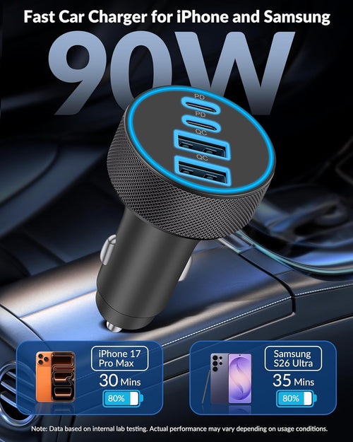 2 Pack Car Charger USB C, 4 in 1 90W Fast Charging 4-Port Car Phone Charger | Dual 45W USB C & USB A, Cargador Carro Lighter Adapter, for Iphone 17 16 15 14 13 12 Pro Max, Ipad, Galaxy, Tablet, Android