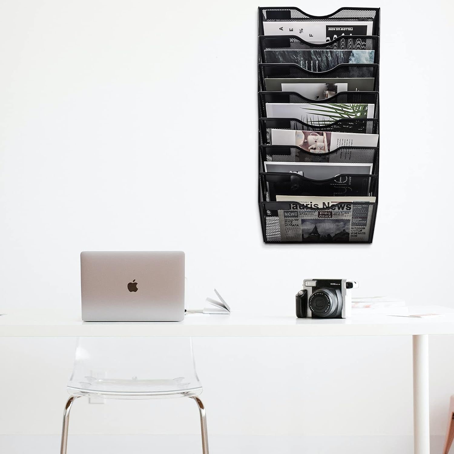 8 Pocket Mesh Hanging Wall File Organizer, Wall Mounted Mail Paper Document Folder Holder, Clipboard Storage Organization Magazine Rack with Nametag Label for Office Home School, Black