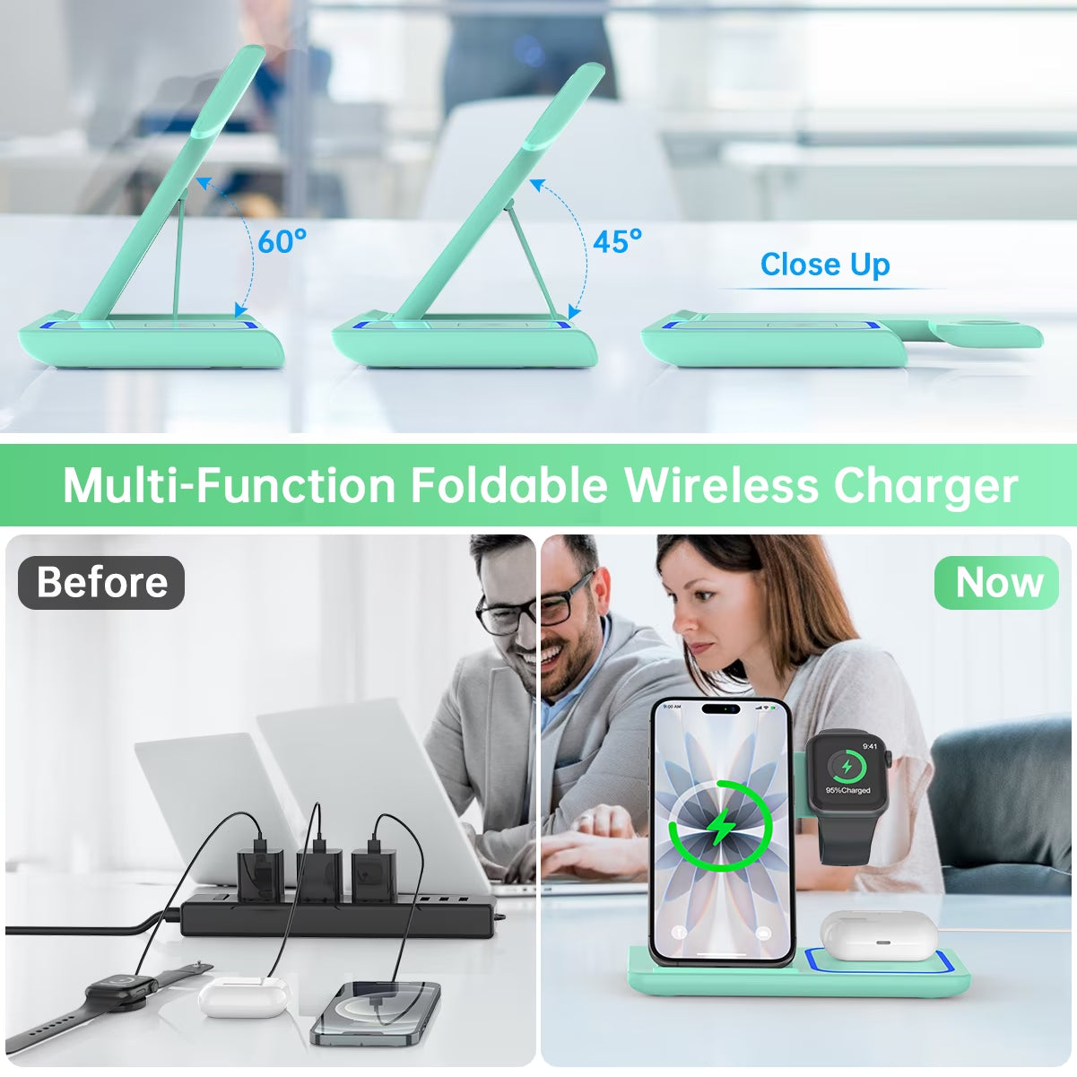 Wireless Charger, 18W 3 in 1 Wireless Charging Station for Iphone 17 16E 15 14 13 12 Pro, Fast Charger Stand for Iwatch SE 9-11 6-8 2-5, Airpods 4/3/2/Pro, Samsung Galaxy Seires (Green)