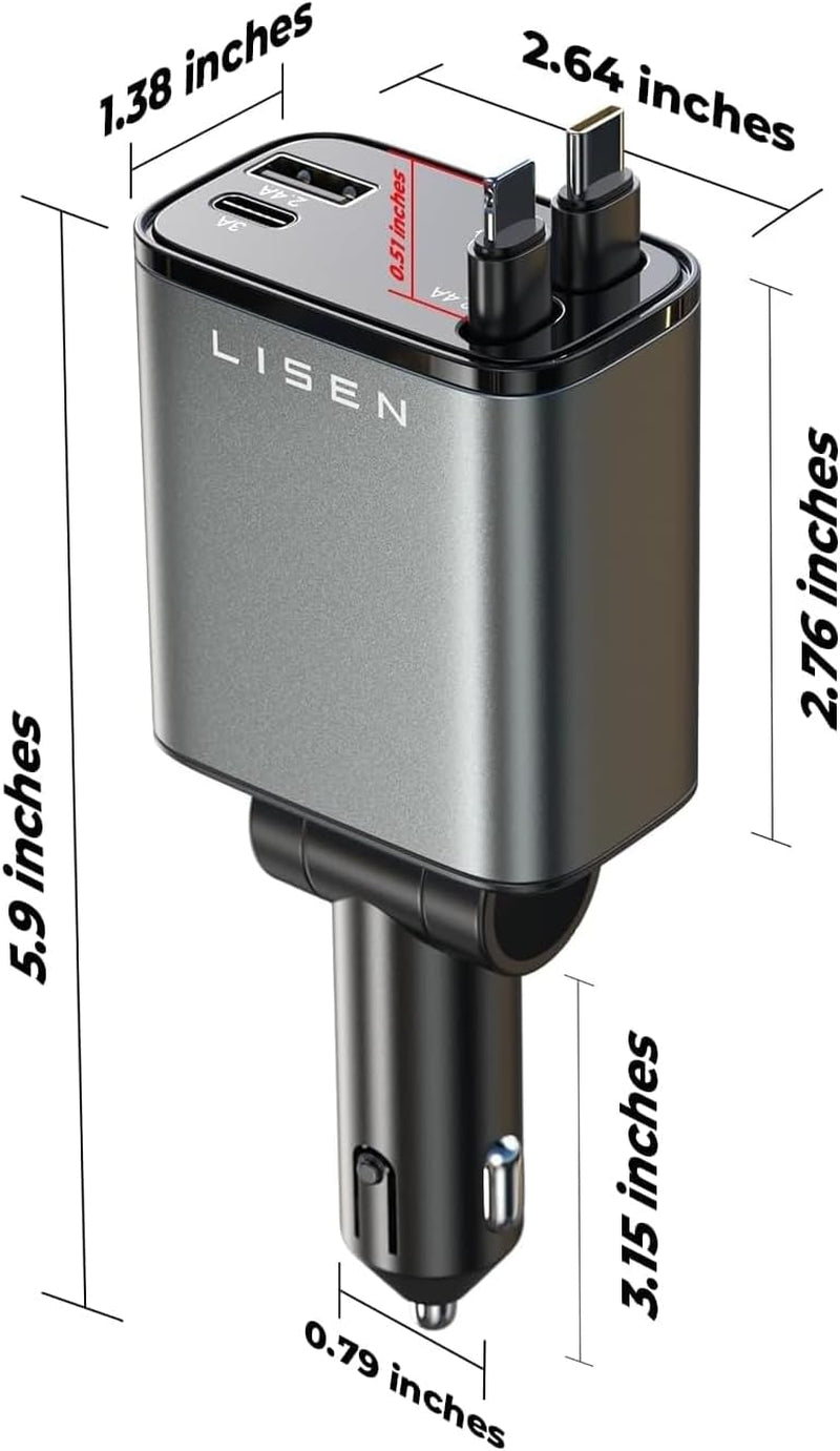 Retractable Car Charger 4 in 1 for Cars, 69W Retractable USB C Car Charger with 31.5In Cable, Fast Charging for Iphone 17 16 15 14 13 12 Pro Max Plus, Compact Cars Accessories for Daily Driving