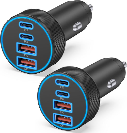 2 Pack Car Charger USB C, 4 in 1 90W Fast Charging 4-Port Car Phone Charger | Dual 45W USB C & USB A, Cargador Carro Lighter Adapter, for Iphone 17 16 15 14 13 12 Pro Max, Ipad, Galaxy, Tablet, Android