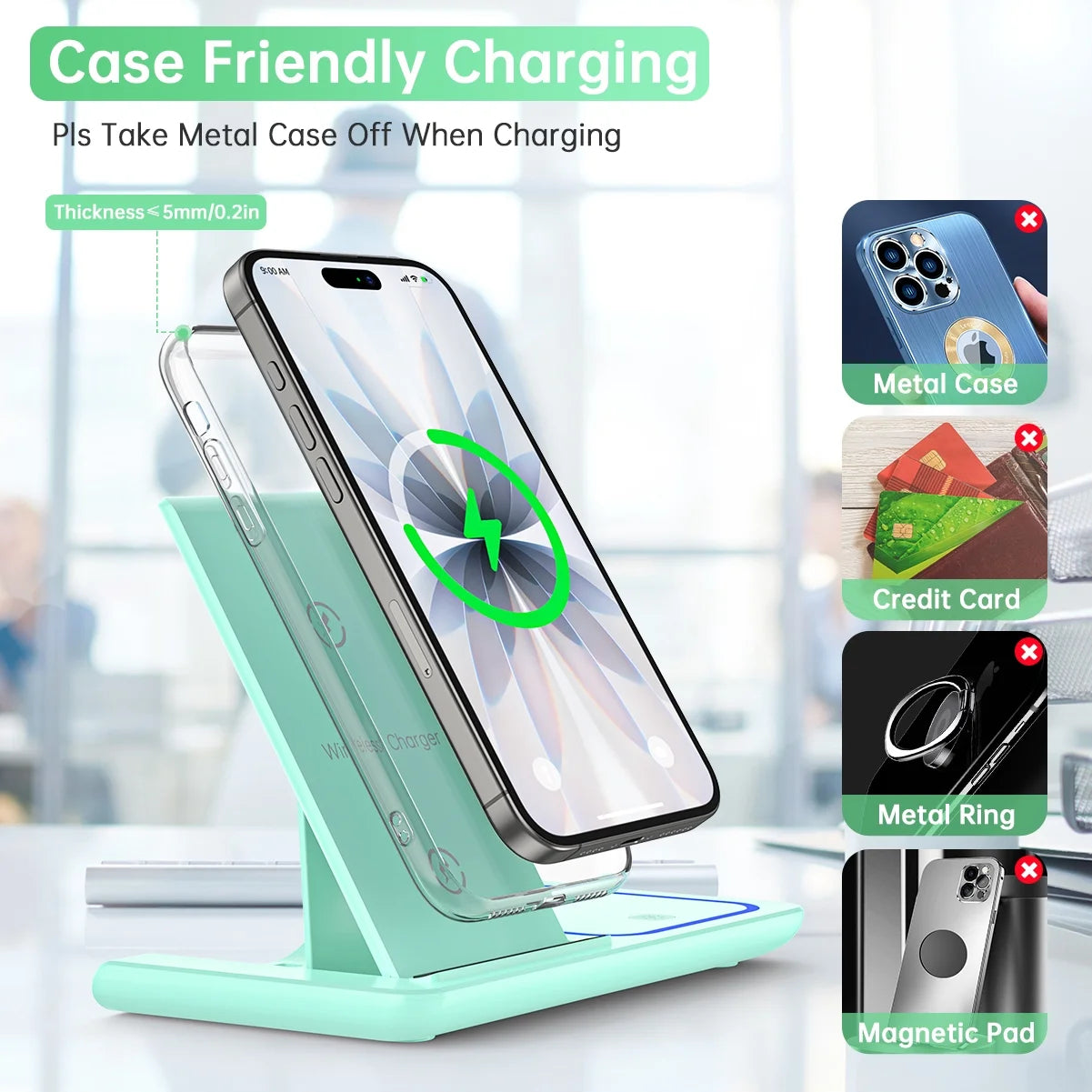 Wireless Charger, 18W 3 in 1 Wireless Charging Station for Iphone 17 16E 15 14 13 12 Pro, Fast Charger Stand for Iwatch SE 9-11 6-8 2-5, Airpods 4/3/2/Pro, Samsung Galaxy Seires (Green)