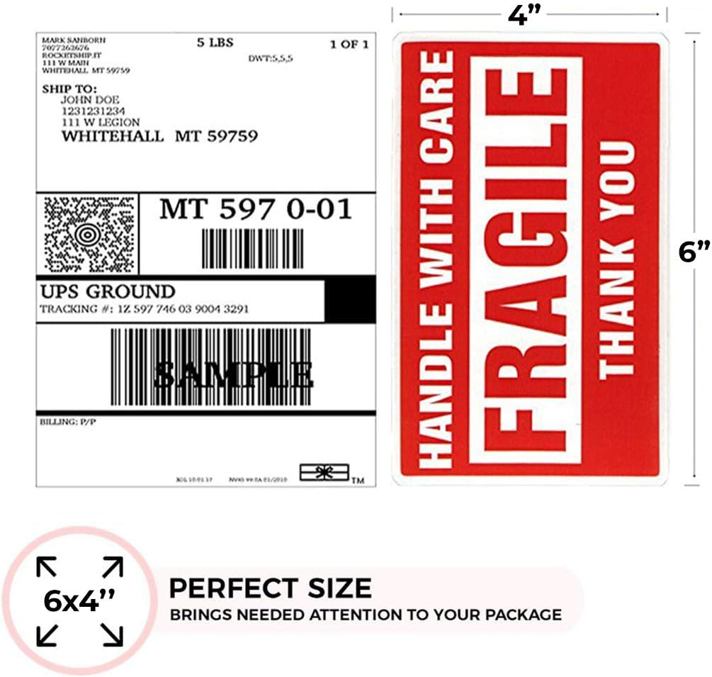1 Roll 4 X 6 in Large Fragile Stickers for Moving and Shipping