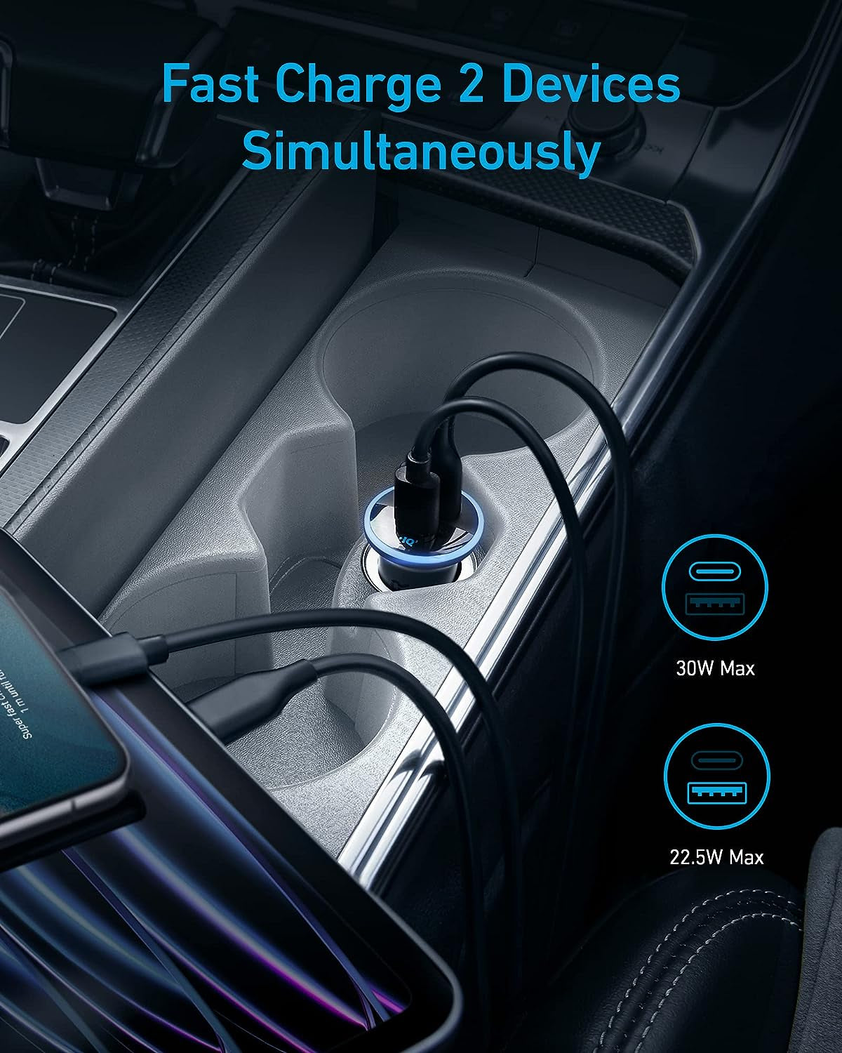 Anker 323 52.5W USB C Car Charger with 30W Poweriq 3.0 Fast Charging | Cigarette Lighter Adapter, for Iphone 17 / 16 / 15 / 14 / 13 / 12 Series, Galaxy S25 / S24, Pixel, and More