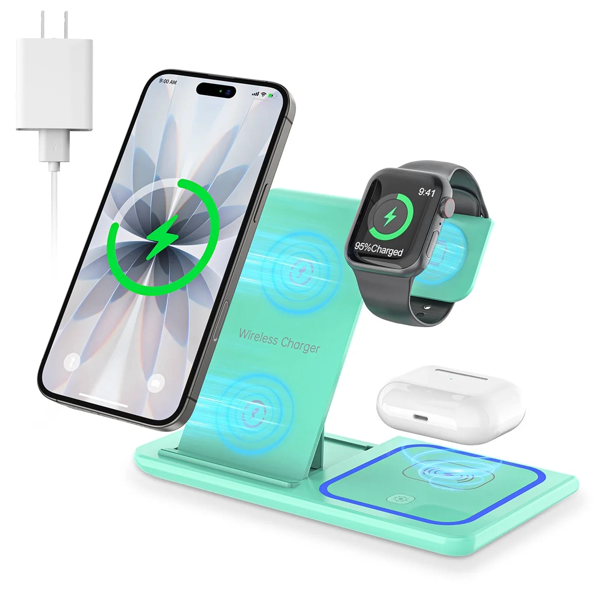 Wireless Charger, 18W 3 in 1 Wireless Charging Station for Iphone 17 16E 15 14 13 12 Pro, Fast Charger Stand for Iwatch SE 9-11 6-8 2-5, Airpods 4/3/2/Pro, Samsung Galaxy Seires (Green)