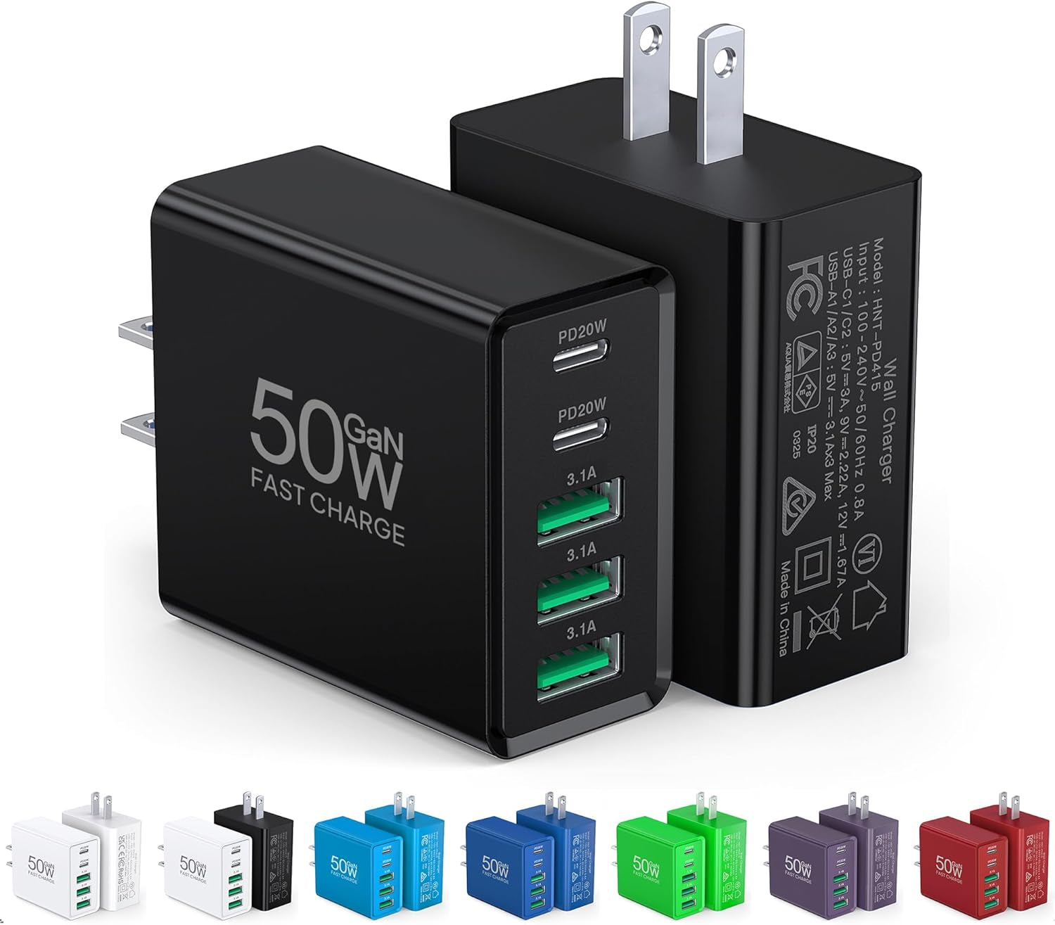 [2-Pack] USB C Wall Charger, 50W USB C Charger Block 5-Port PD Fast Charging Blocks,2Usb C+3USB a Multiport Plug,Type C Power Adapter Brick Cube for Iphone 17/16/15/14/13/Pro,Samsung,For Switch（Black）