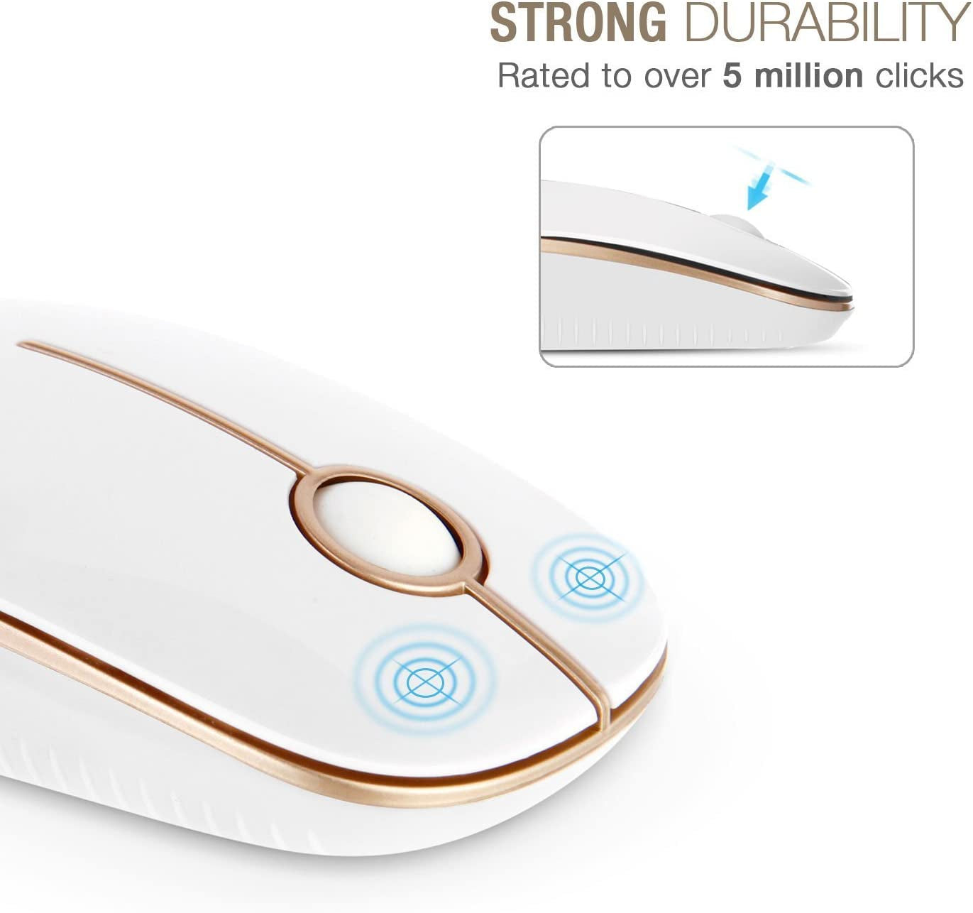 Wireless Mouse, 2.4G Slim Computer Laptop Mouse, White and Gold | Portable Mouse, Plug & Play USB Nano Receiver, Quiet Silent Optical Mice for Notebook, PC, Laptop, Computer, Windows, Mac