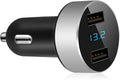 2 USB Car Charger,12V/24V Voltage Meter, Silver