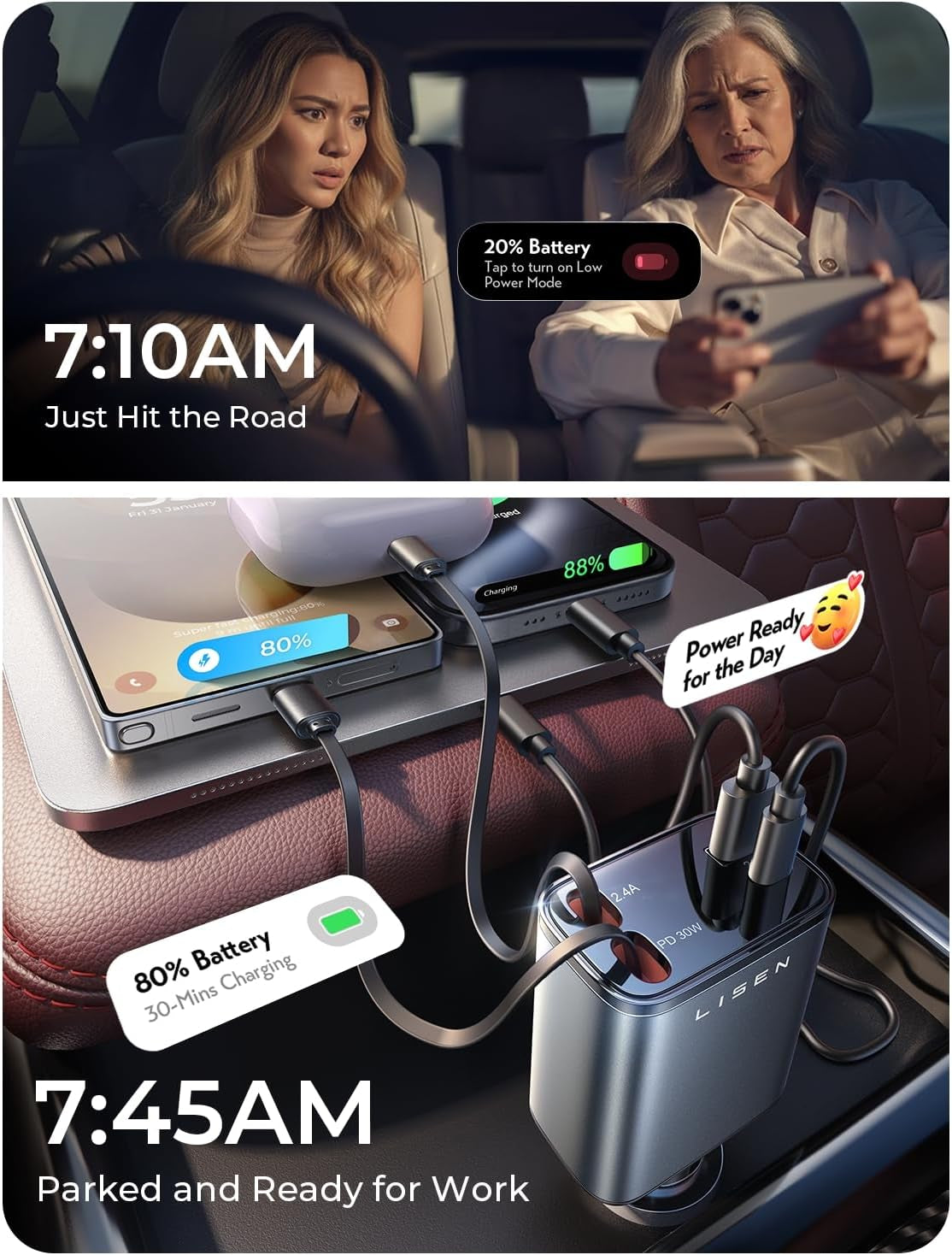 Retractable Car Charger 4 in 1 for Cars, 69W Retractable USB C Car Charger with 31.5In Cable, Fast Charging for Iphone 17 16 15 14 13 12 Pro Max Plus, Compact Cars Accessories for Daily Driving