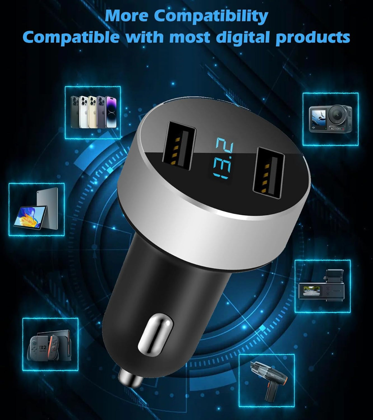 2 USB Car Charger,12V/24V Voltage Meter, Silver