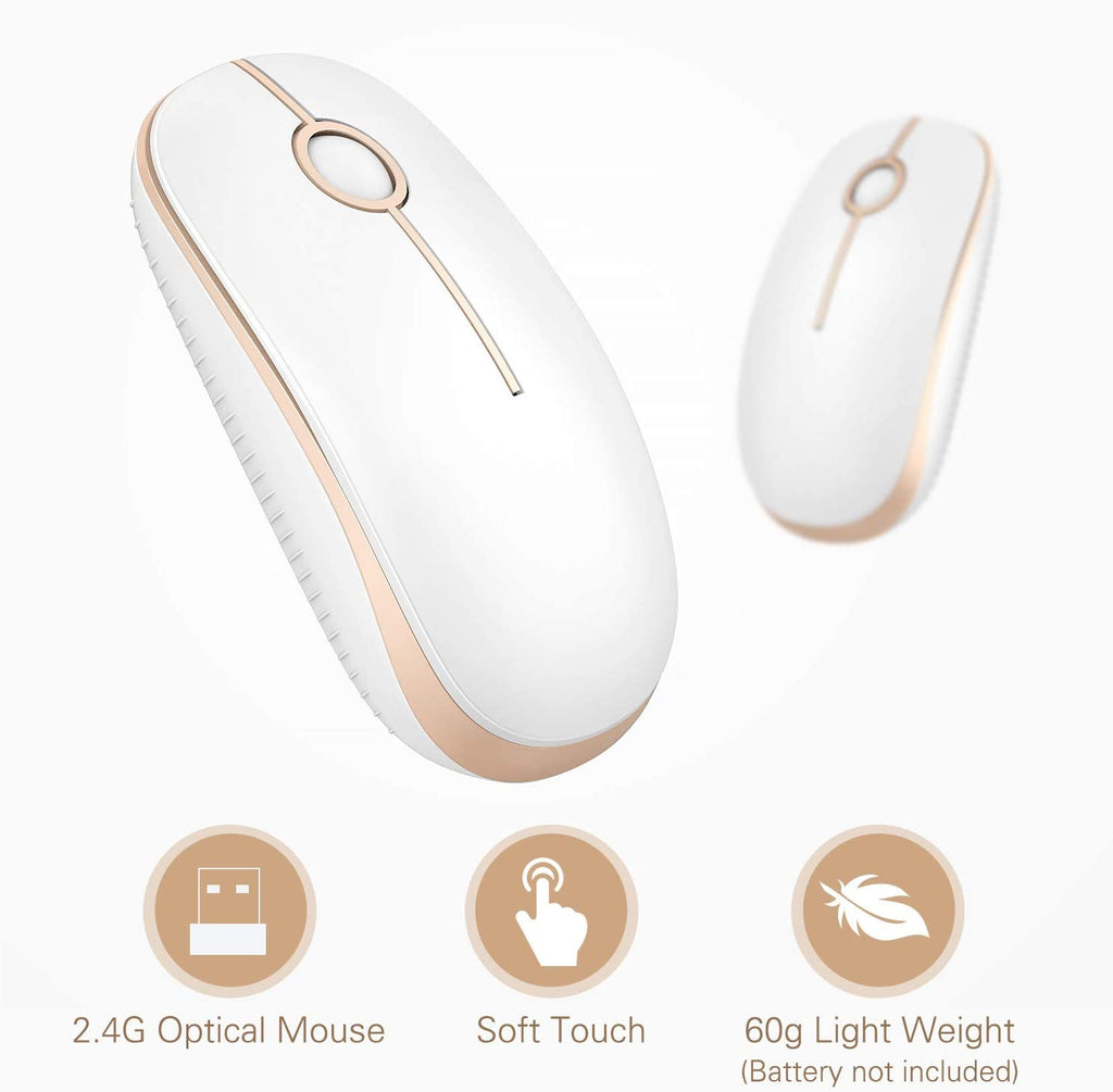 Wireless Mouse, 2.4G Slim Computer Laptop Mouse, White and Gold | Portable Mouse, Plug & Play USB Nano Receiver, Quiet Silent Optical Mice for Notebook, PC, Laptop, Computer, Windows, Mac