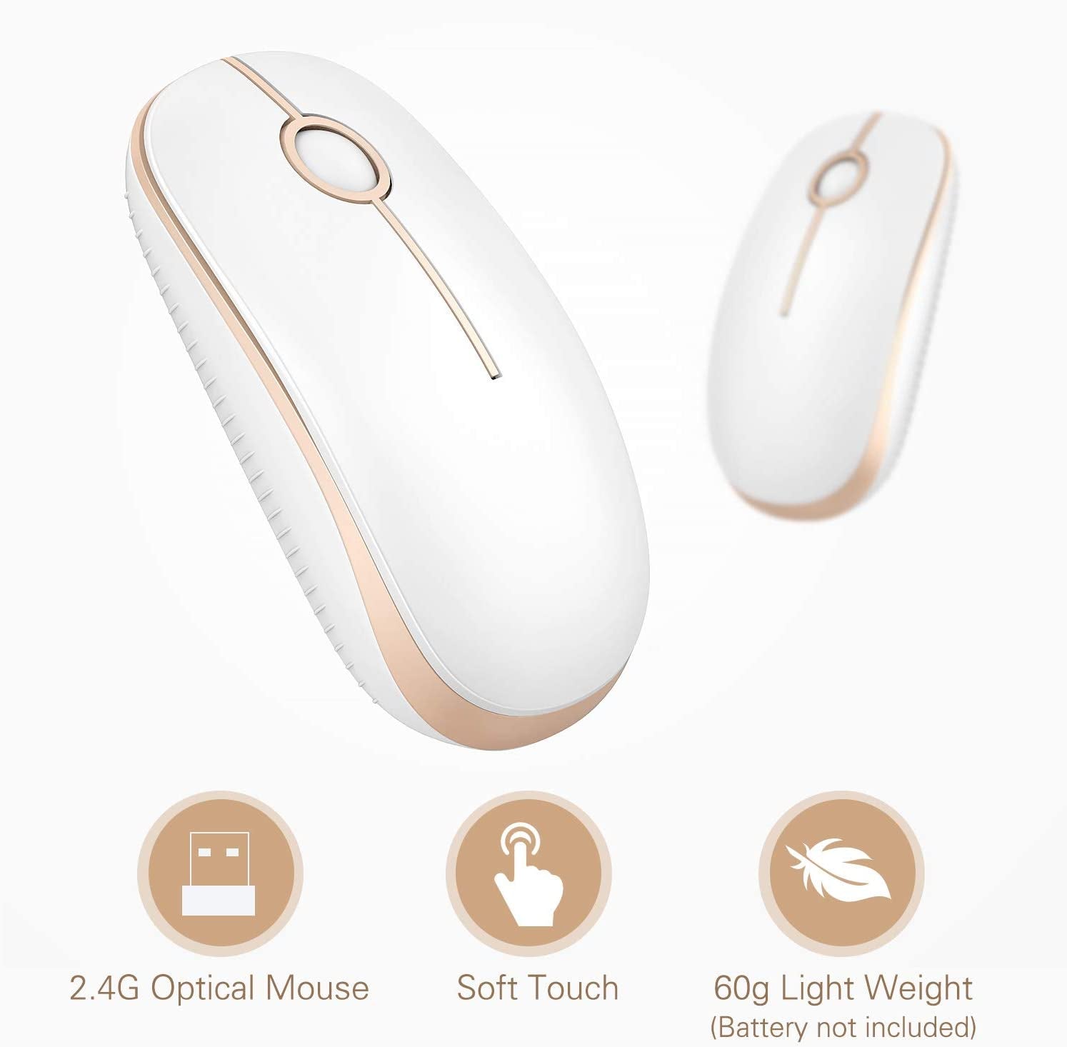 Wireless Mouse, 2.4G Slim Computer Laptop Mouse, White and Gold | Portable Mouse, Plug & Play USB Nano Receiver, Quiet Silent Optical Mice for Notebook, PC, Laptop, Computer, Windows, Mac