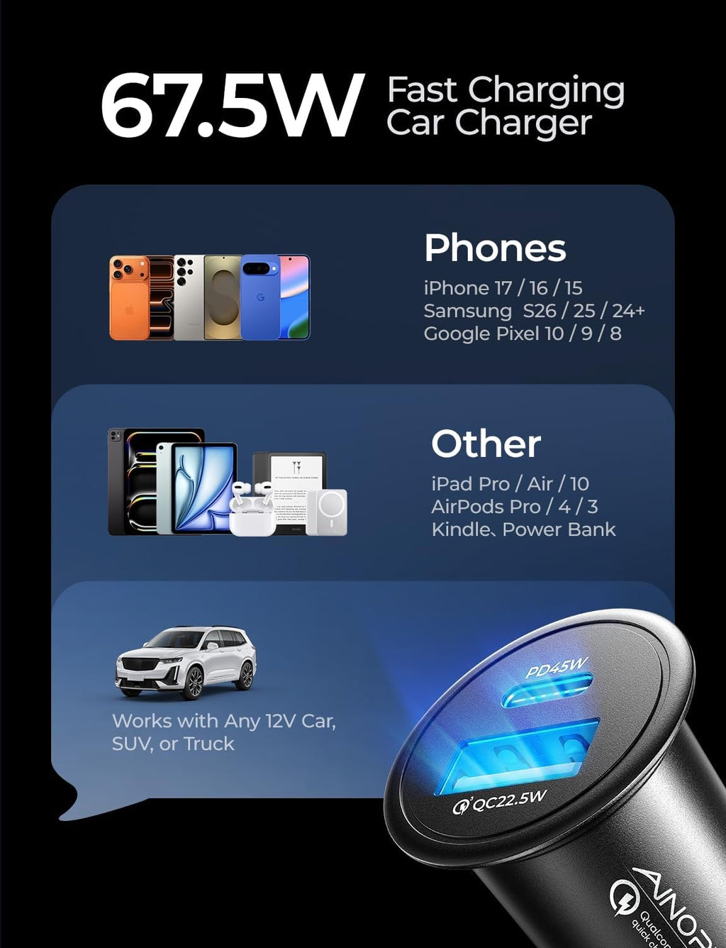 67.5W Cigarette Lighter Adapter Car Charger USB C Fast Charging | [Mini & Metal] PD&QC Cigarette Lighter USB Charger 12V Outlet Plug Socket for Iphone 17 16 15 14 Pro Max, Samsung S26 S25