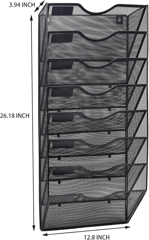 8 Pocket Mesh Hanging Wall File Organizer, Wall Mounted Mail Paper Document Folder Holder, Clipboard Storage Organization Magazine Rack with Nametag Label for Office Home School, Black