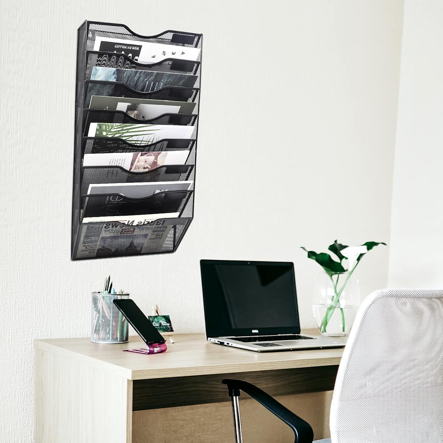 8 Pocket Mesh Hanging Wall File Organizer, Wall Mounted Mail Paper Document Folder Holder, Clipboard Storage Organization Magazine Rack with Nametag Label for Office Home School, Black