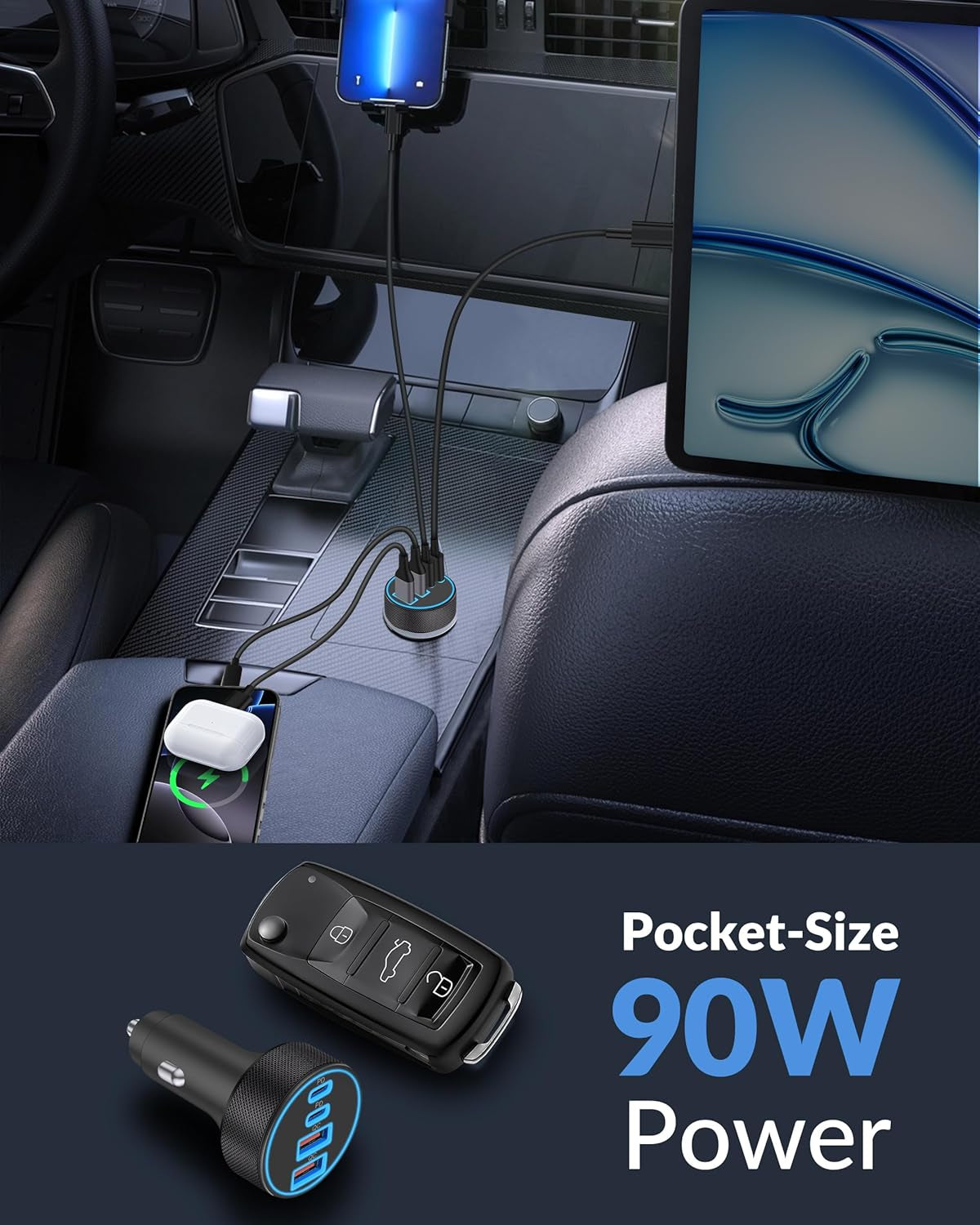 2 Pack Car Charger USB C, 4 in 1 90W Fast Charging 4-Port Car Phone Charger | Dual 45W USB C & USB A, Cargador Carro Lighter Adapter, for Iphone 17 16 15 14 13 12 Pro Max, Ipad, Galaxy, Tablet, Android
